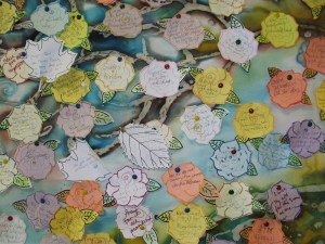 Detail of the prayer tree board located near Ascension Chapel at Augustana College, Rock Island, Illinois.